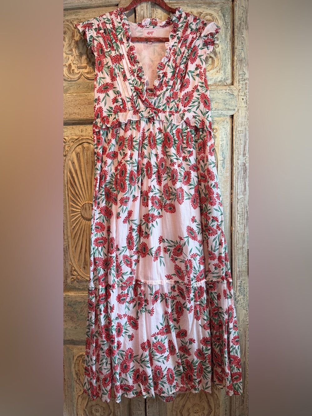 NWOT Banjanan CONSTANCE  Pink Floral Maxi Dress with Red and Green Print